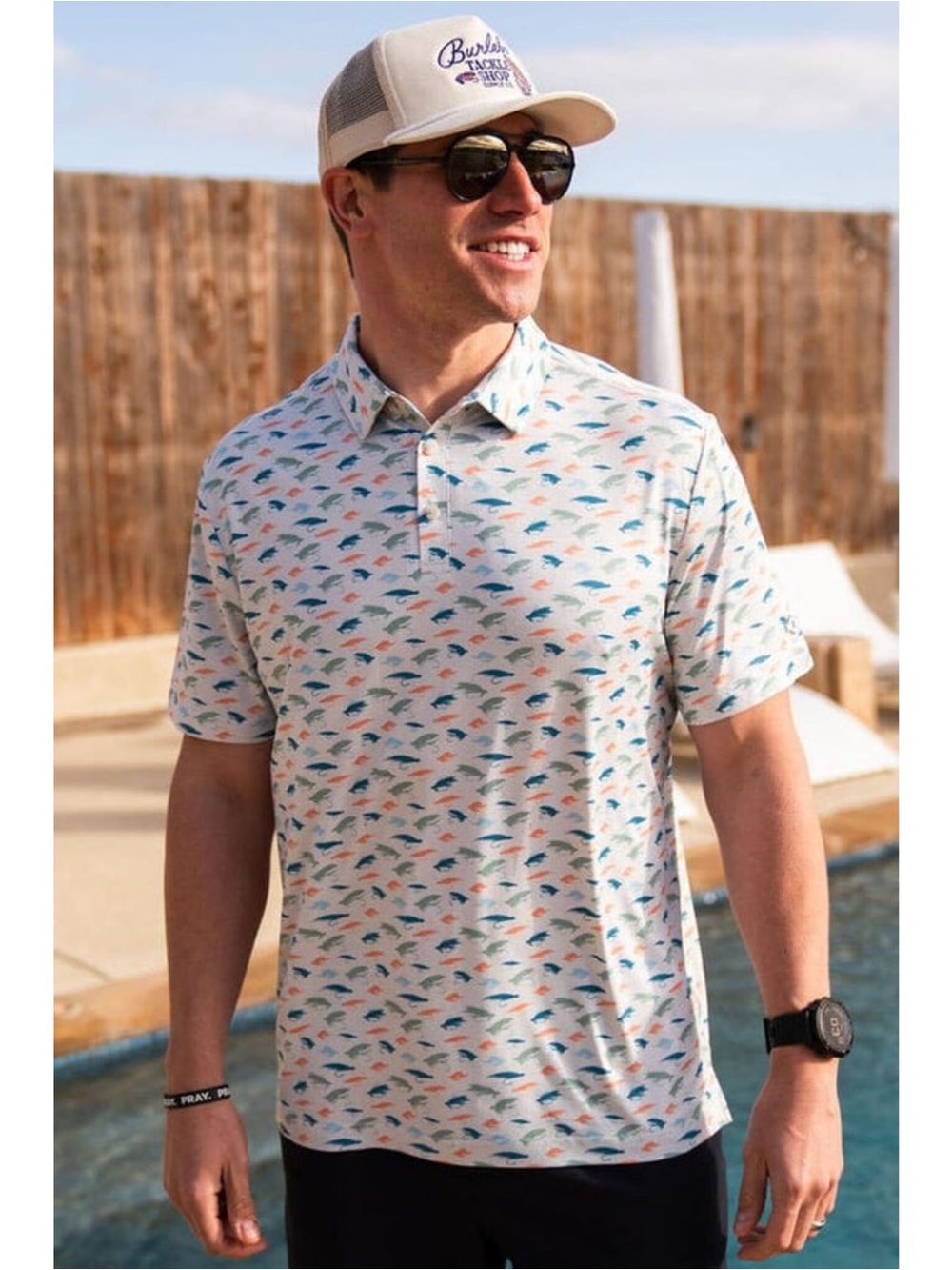 BURLEBO The Fly Life Beige Polo Fishing Lure Novelty Print Performance Utility M